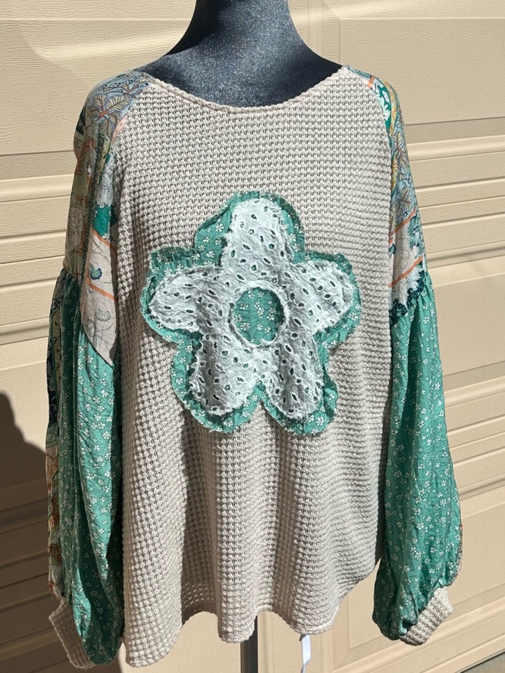 Boho Floral Patchwork Waffle Knit Top - Green/Cream